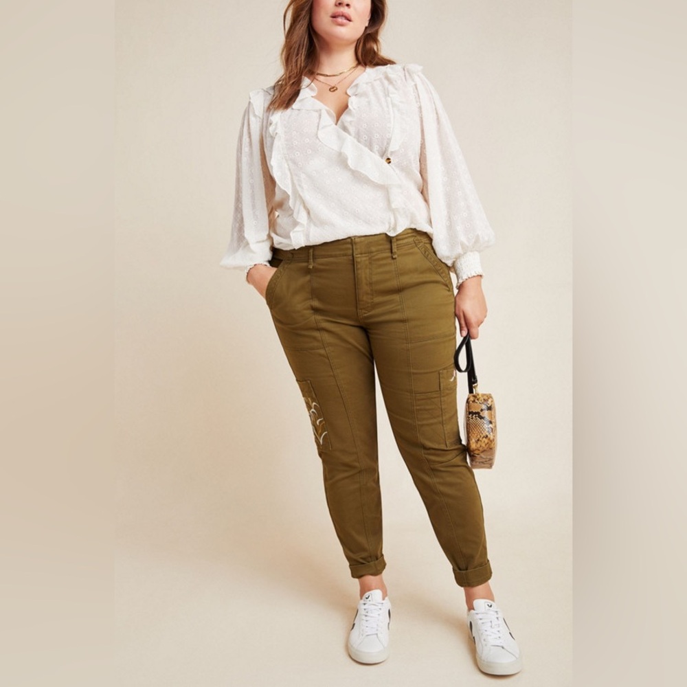 By Anthropologie Austen Embroidered Utility Pants Green 32
